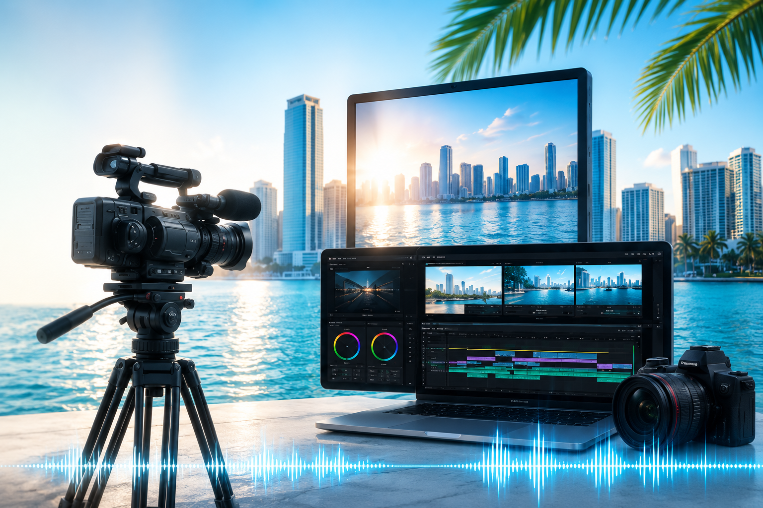 Camera, editing software, reference monitor and Miami skyline production setup