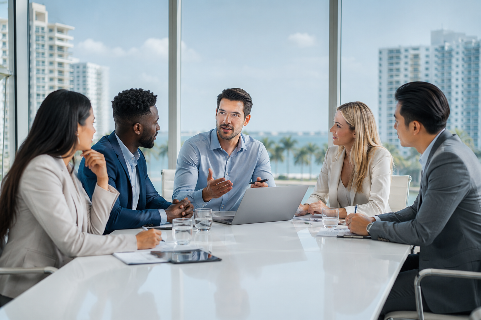 Corporate team meeting with Miami-style city view