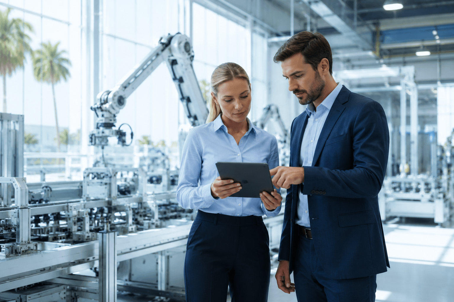 Manufacturing professionals reviewing automation data