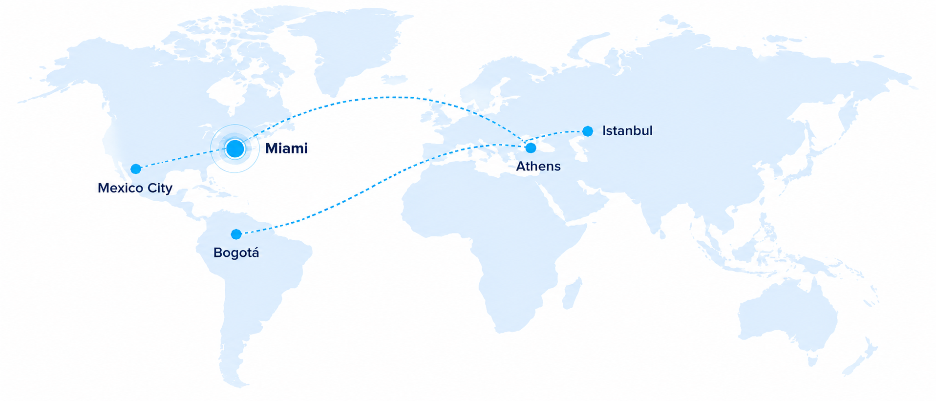 World map showing Miami, Mexico City, Bogotá, Athens and Istanbul